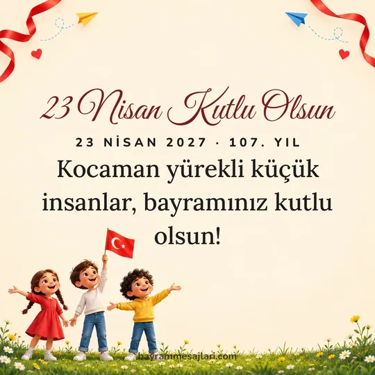 "23 Nisan Kutlu Olsun" yazılı resimli 23 Nisan mesajı, krem arka planı: Kocaman yürekli küçük insanlar, bayramınız kutlu olsun!