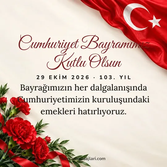 "Cumhuriyet Bayramımız Kutlu Olsun" yazılı resimli 29 Ekim Cumhuriyet Bayramı mesajı, Türk bayrağı, karanfil arka planı: Bayrağımızın her dalgalanışında Cumhuriyetimizin kuruluşundaki emekleri hatırlıyoruz.