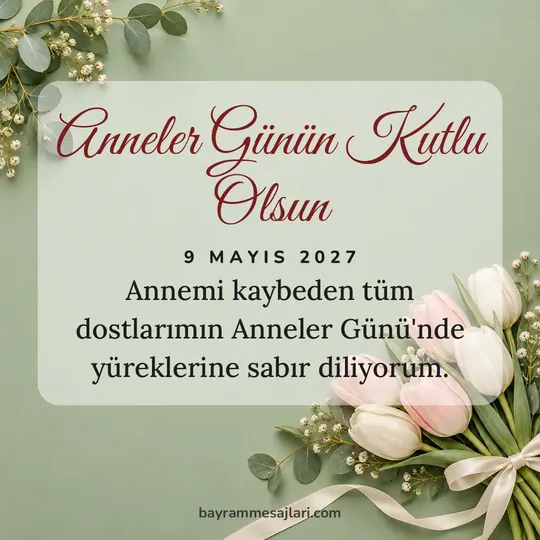 "Anneler Günün Kutlu Olsun" yazılı resimli Anneler Günü mesajı, adaçayı yeşili, pembe arka planı: Annemi kaybeden tüm dostlarımın Anneler Günü'nde yüreklerine sabır diliyorum.