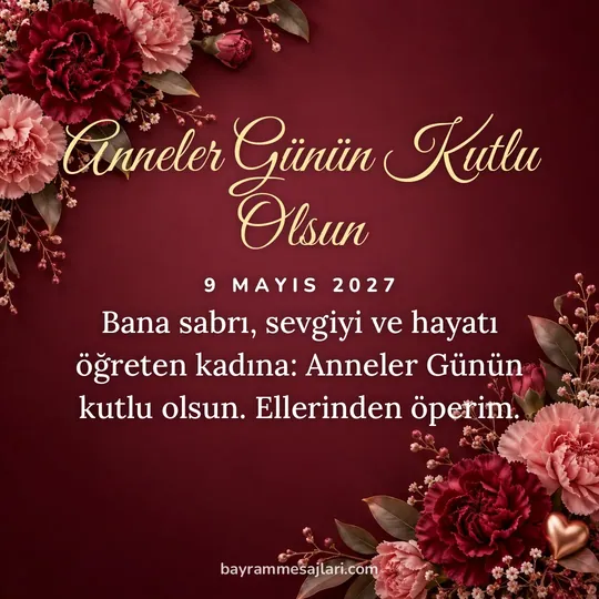 "Anneler Günün Kutlu Olsun" yazılı resimli Anneler Günü mesajı, bordo, karanfil arka planı: Bana sabrı, sevgiyi ve hayatı öğreten kadına: Anneler Günün kutlu olsun. Ellerinden öperim.