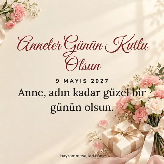 "Anneler Günün Kutlu Olsun" yazılı resimli Anneler Günü mesajı, sıcak, fildişi, karanfil, ipek arka planı: Anne, adın kadar güzel bir günün olsun.
