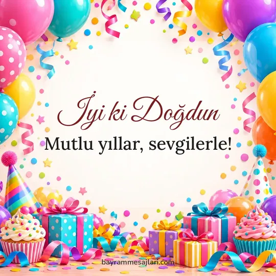 "İyi ki Doğdun" yazılı resimli doğum günü mesajı, pasta ve balonlar, beyaz arka planı: Mutlu yıllar, sevgilerle!