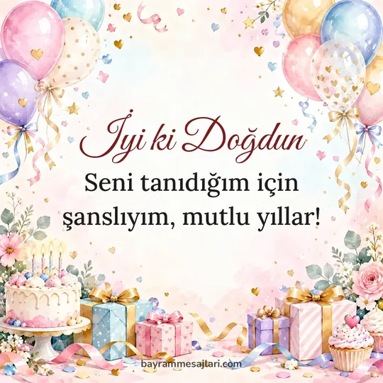 "İyi ki Doğdun" yazılı resimli doğum günü mesajı, pasta ve balonlar, krem arka planı: Seni tanıdığım için şanslıyım, mutlu yıllar!