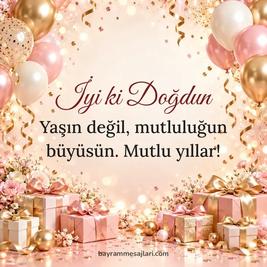 "İyi ki Doğdun" yazılı resimli doğum günü mesajı, pasta ve balonlar, krem arka planı: Yaşın değil, mutluluğun büyüsün. Mutlu yıllar!