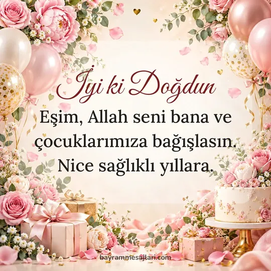 "İyi ki Doğdun" yazılı resimli doğum günü mesajı, pasta ve balonlar, krem arka planı: Eşim, Allah seni bana ve çocuklarımıza bağışlasın. Nice sağlıklı yıllara.