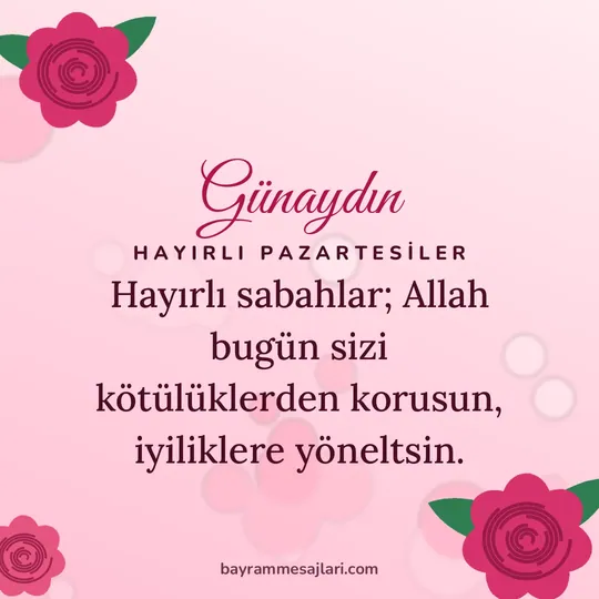 "Günaydın" yazılı resimli günaydın mesajı, pembe zemin üzerinde gül çizimleri: Hayırlı sabahlar; Allah bugün sizi kötülüklerden korusun, iyiliklere yöneltsin.