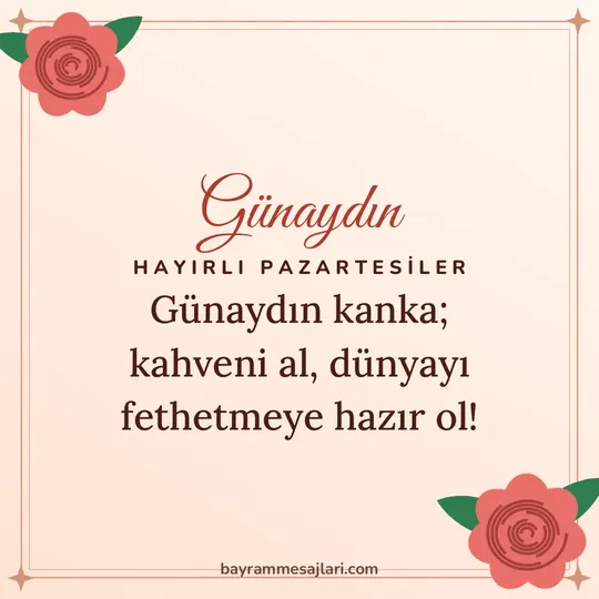 "Günaydın" yazılı resimli günaydın mesajı, şeftali rengi zemin ve güller: Günaydın kanka; kahveni al, dünyayı fethetmeye hazır ol!