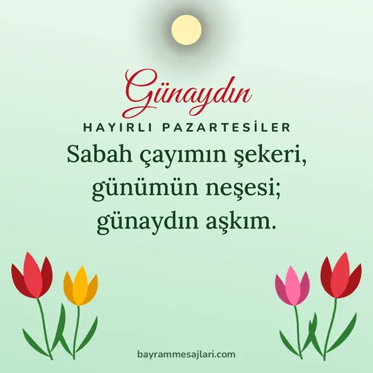 "Günaydın" yazılı resimli günaydın mesajı, bahar renklerinde laleler: Sabah çayımın şekeri, günümün neşesi; günaydın aşkım.
