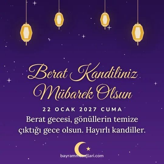 "Berat Kandiliniz Mübarek Olsun" yazılı resimli kandil mesajı, mor gece gökyüzünde asılı fenerler: Berat gecesi, gönüllerin temize çıktığı gece olsun. Hayırlı kandiller.