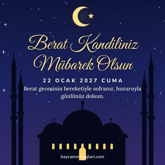 "Berat Kandiliniz Mübarek Olsun" yazılı resimli kandil mesajı, gece aydınlık pencereli cami ve hilal: Berat gecesinin bereketiyle sofranız, huzuruyla gönlünüz dolsun.