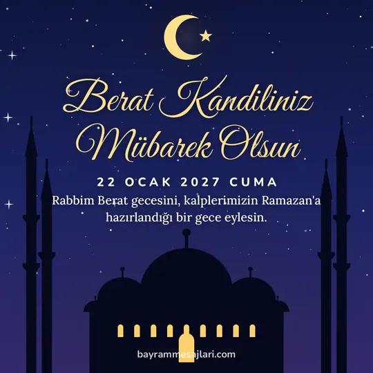 "Berat Kandiliniz Mübarek Olsun" yazılı resimli kandil mesajı, gece aydınlık pencereli cami ve hilal: Rabbim Berat gecesini, kalplerimizin Ramazan'a hazırlandığı bir gece eylesin.