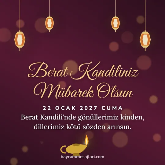 "Berat Kandiliniz Mübarek Olsun" yazılı resimli kandil mesajı, bordo zeminde fenerler ve kandil: Berat Kandili'nde gönüllerimiz kinden, dillerimiz kötü sözden arınsın.