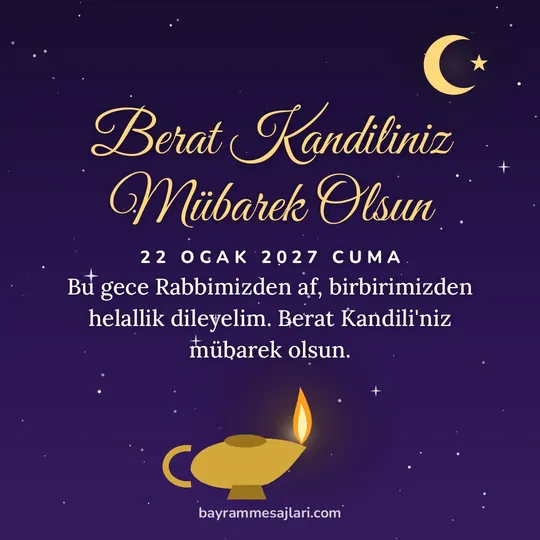 "Berat Kandiliniz Mübarek Olsun" yazılı resimli kandil mesajı, yıldızlı gecede yanan kandil ve hilal: Bu gece Rabbimizden af, birbirimizden helallik dileyelim. Berat Kandili'niz mübarek olsun.