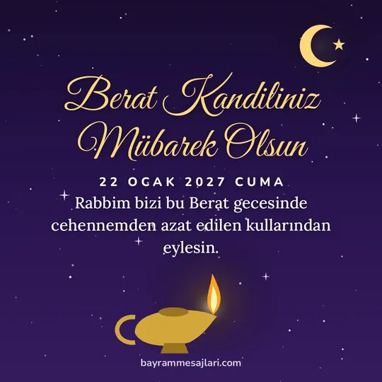 "Berat Kandiliniz Mübarek Olsun" yazılı resimli kandil mesajı, yıldızlı gecede yanan kandil ve hilal: Rabbim bizi bu Berat gecesinde cehennemden azat edilen kullarından eylesin.