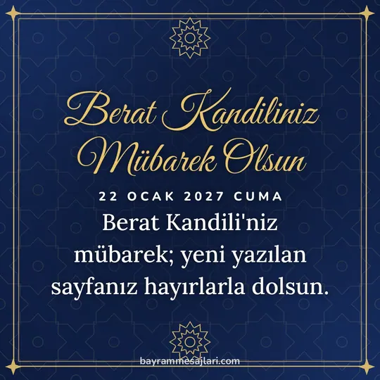 "Berat Kandiliniz Mübarek Olsun" yazılı resimli kandil mesajı, lacivert zemin, altın yıldız motifi ve çerçeve: Berat Kandili'niz mübarek; yeni yazılan sayfanız hayırlarla dolsun.