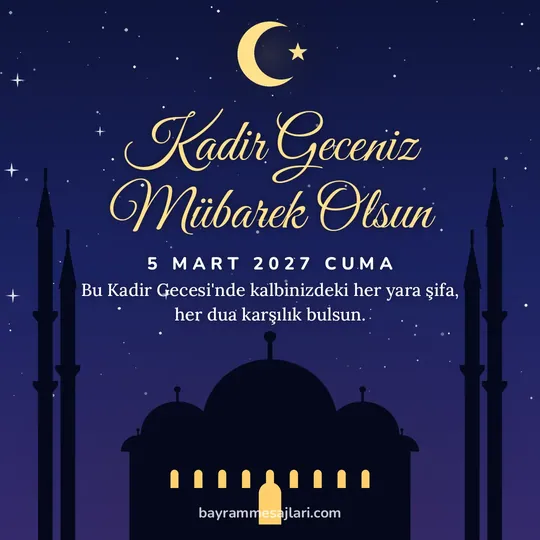 "Kadir Geceniz Mübarek Olsun" yazılı resimli kandil mesajı, gece aydınlık pencereli cami ve hilal: Bu Kadir Gecesi'nde kalbinizdeki her yara şifa, her dua karşılık bulsun.
