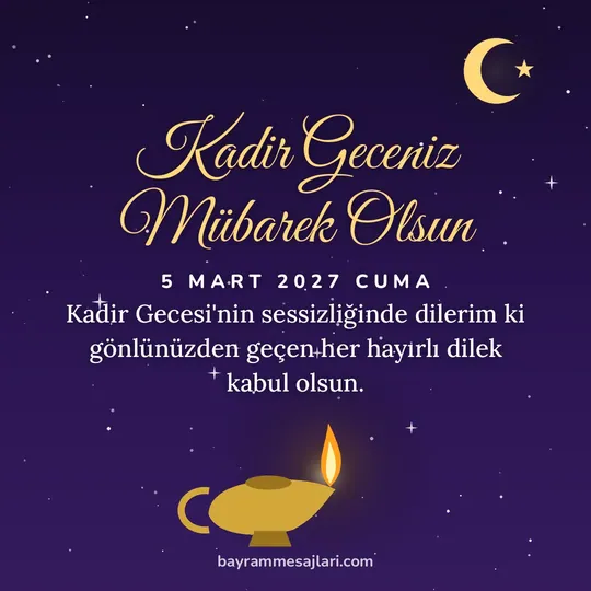 "Kadir Geceniz Mübarek Olsun" yazılı resimli kandil mesajı, yıldızlı gecede yanan kandil ve hilal: Kadir Gecesi'nin sessizliğinde dilerim ki gönlünüzden geçen her hayırlı dilek kabul olsun.