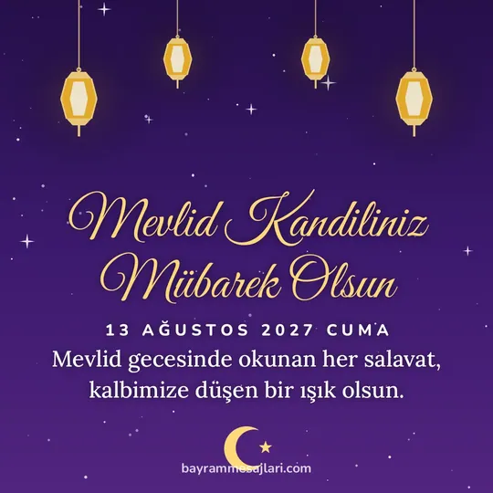 "Mevlid Kandiliniz Mübarek Olsun" yazılı resimli kandil mesajı, mor gece gökyüzünde asılı fenerler: Mevlid gecesinde okunan her salavat, kalbimize düşen bir ışık olsun.