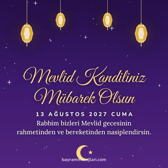 "Mevlid Kandiliniz Mübarek Olsun" yazılı resimli kandil mesajı, mor gece gökyüzünde asılı fenerler: Rabbim bizleri Mevlid gecesinin rahmetinden ve bereketinden nasiplendirsin.