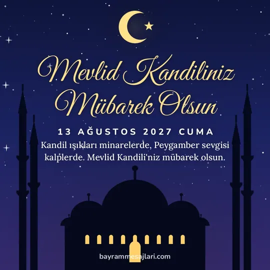 "Mevlid Kandiliniz Mübarek Olsun" yazılı resimli kandil mesajı, gece aydınlık pencereli cami ve hilal: Kandil ışıkları minarelerde, Peygamber sevgisi kalplerde. Mevlid Kandili'niz mübarek olsun.