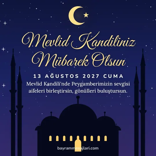 "Mevlid Kandiliniz Mübarek Olsun" yazılı resimli kandil mesajı, gece aydınlık pencereli cami ve hilal: Mevlid Kandili'nde Peygamberimizin sevgisi aileleri birleştirsin, gönülleri buluştursun.