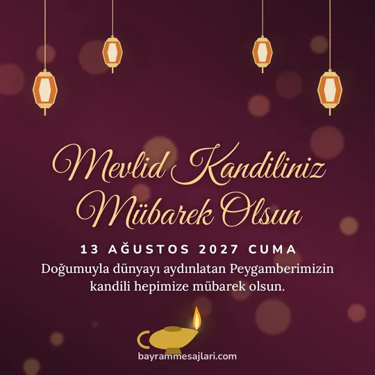 "Mevlid Kandiliniz Mübarek Olsun" yazılı resimli kandil mesajı, bordo zeminde fenerler ve kandil: Doğumuyla dünyayı aydınlatan Peygamberimizin kandili hepimize mübarek olsun.