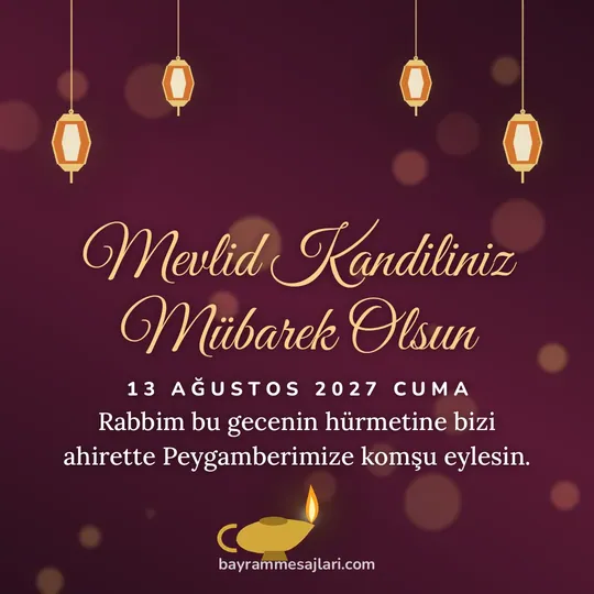 "Mevlid Kandiliniz Mübarek Olsun" yazılı resimli kandil mesajı, bordo zeminde fenerler ve kandil: Rabbim bu gecenin hürmetine bizi ahirette Peygamberimize komşu eylesin.
