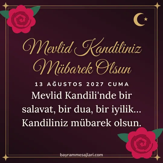 "Mevlid Kandiliniz Mübarek Olsun" yazılı resimli kandil mesajı, koyu zeminde güller ve altın çerçeve: Mevlid Kandili'nde bir salavat, bir dua, bir iyilik… Kandiliniz mübarek olsun.