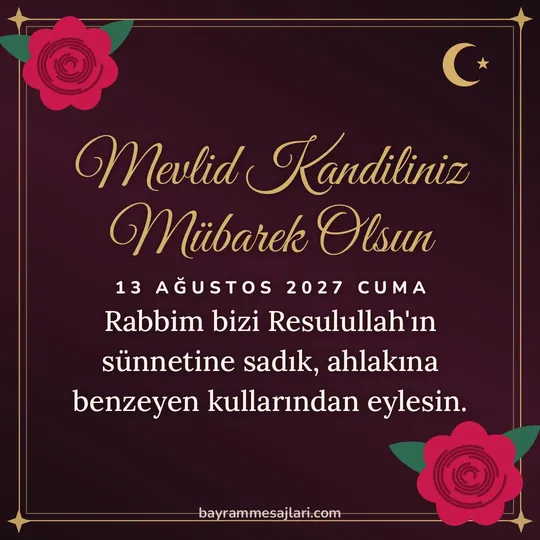 "Mevlid Kandiliniz Mübarek Olsun" yazılı resimli kandil mesajı, koyu zeminde güller ve altın çerçeve: Rabbim bizi Resulullah'ın sünnetine sadık, ahlakına benzeyen kullarından eylesin.