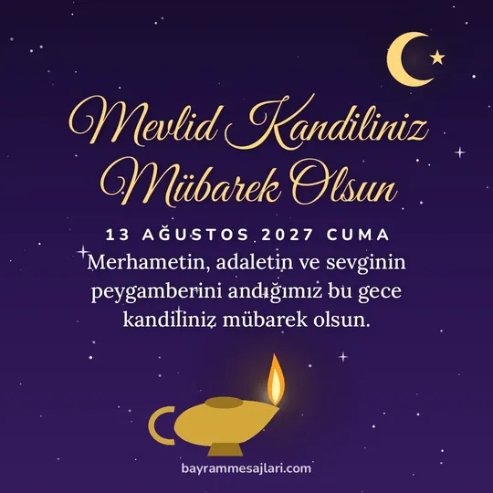"Mevlid Kandiliniz Mübarek Olsun" yazılı resimli kandil mesajı, yıldızlı gecede yanan kandil ve hilal: Merhametin, adaletin ve sevginin peygamberini andığımız bu gece kandiliniz mübarek olsun.