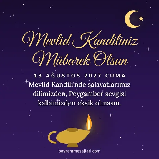 "Mevlid Kandiliniz Mübarek Olsun" yazılı resimli kandil mesajı, yıldızlı gecede yanan kandil ve hilal: Mevlid Kandili'nde salavatlarımız dilimizden, Peygamber sevgisi kalbimizden eksik olmasın.