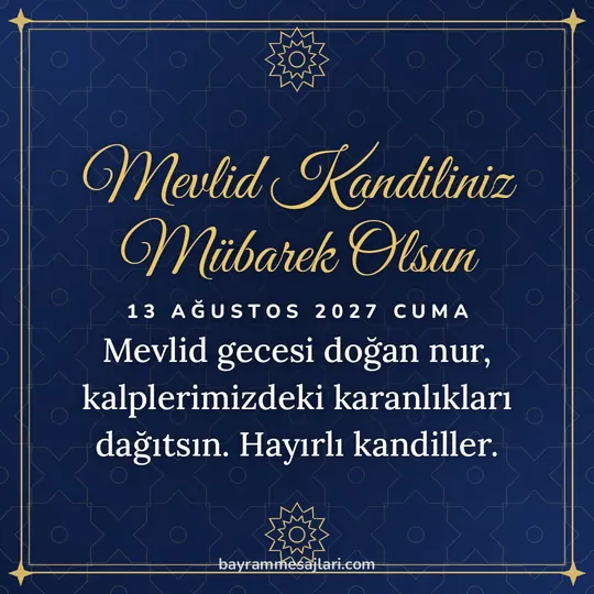 "Mevlid Kandiliniz Mübarek Olsun" yazılı resimli kandil mesajı, lacivert zemin, altın yıldız motifi ve çerçeve: Mevlid gecesi doğan nur, kalplerimizdeki karanlıkları dağıtsın. Hayırlı kandiller.