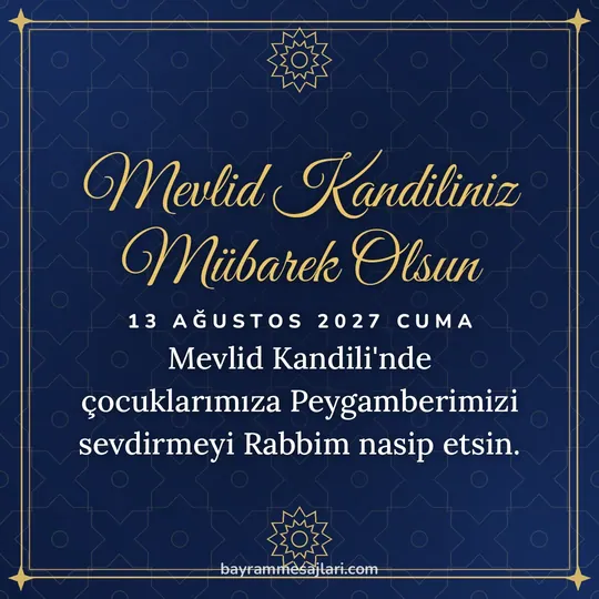 "Mevlid Kandiliniz Mübarek Olsun" yazılı resimli kandil mesajı, lacivert zemin, altın yıldız motifi ve çerçeve: Mevlid Kandili'nde çocuklarımıza Peygamberimizi sevdirmeyi Rabbim nasip etsin.
