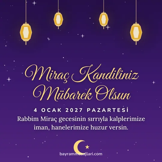 "Miraç Kandiliniz Mübarek Olsun" yazılı resimli kandil mesajı, mor gece gökyüzünde asılı fenerler: Rabbim Miraç gecesinin sırrıyla kalplerimize iman, hanelerimize huzur versin.