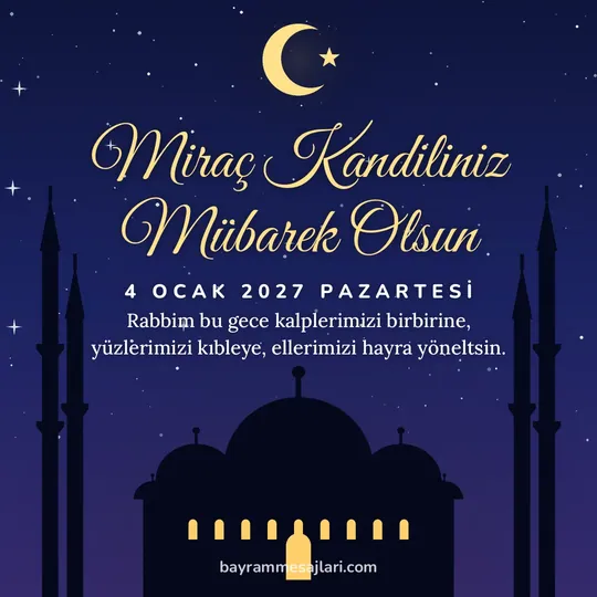 "Miraç Kandiliniz Mübarek Olsun" yazılı resimli kandil mesajı, gece aydınlık pencereli cami ve hilal: Rabbim bu gece kalplerimizi birbirine, yüzlerimizi kıbleye, ellerimizi hayra yöneltsin.