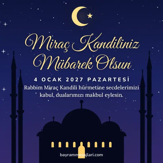 "Miraç Kandiliniz Mübarek Olsun" yazılı resimli kandil mesajı, gece aydınlık pencereli cami ve hilal: Rabbim Miraç Kandili hürmetine secdelerimizi kabul, dualarımızı makbul eylesin.