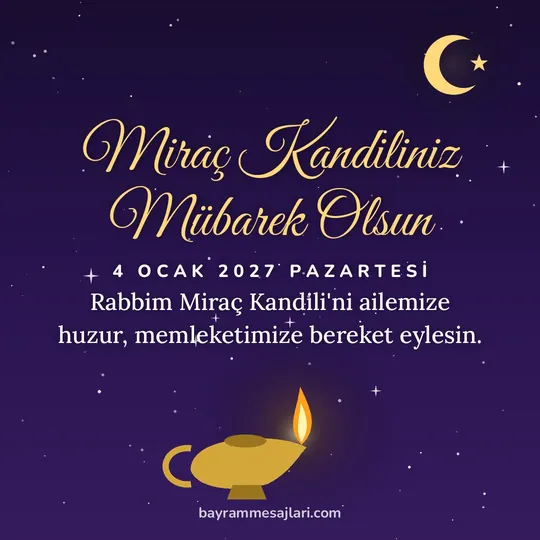 "Miraç Kandiliniz Mübarek Olsun" yazılı resimli kandil mesajı, yıldızlı gecede yanan kandil ve hilal: Rabbim Miraç Kandili'ni ailemize huzur, memleketimize bereket eylesin.