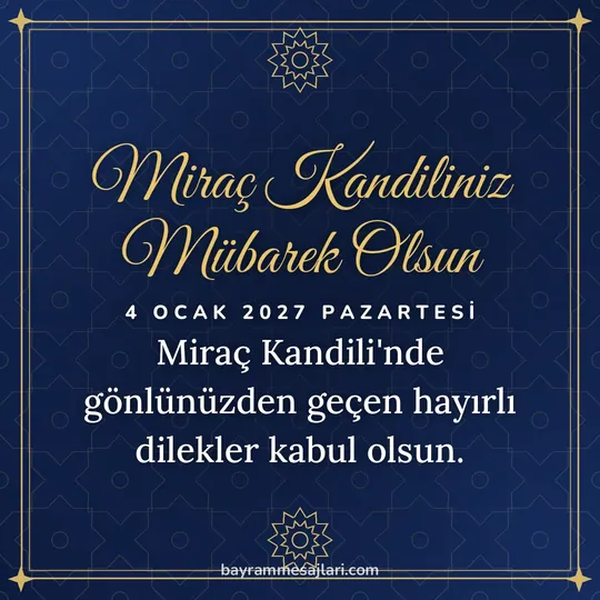 "Miraç Kandiliniz Mübarek Olsun" yazılı resimli kandil mesajı, lacivert zemin, altın yıldız motifi ve çerçeve: Miraç Kandili'nde gönlünüzden geçen hayırlı dilekler kabul olsun.