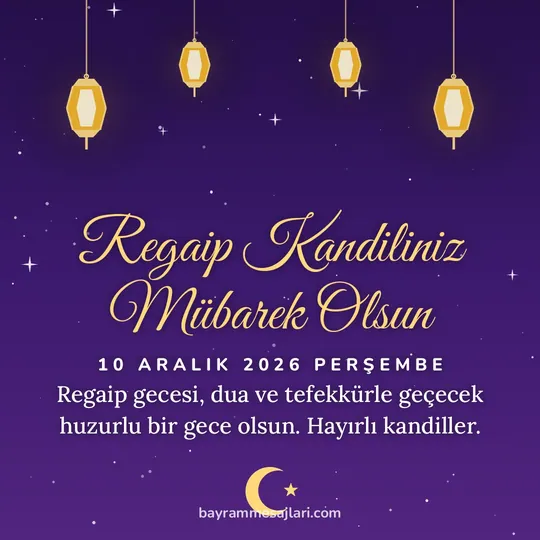 "Regaip Kandiliniz Mübarek Olsun" yazılı resimli kandil mesajı, mor gece gökyüzünde asılı fenerler: Regaip gecesi, dua ve tefekkürle geçecek huzurlu bir gece olsun. Hayırlı kandiller.