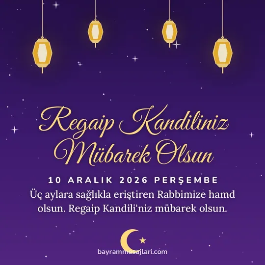 "Regaip Kandiliniz Mübarek Olsun" yazılı resimli kandil mesajı, mor gece gökyüzünde asılı fenerler: Üç aylara sağlıkla eriştiren Rabbimize hamd olsun. Regaip Kandili'niz mübarek olsun.