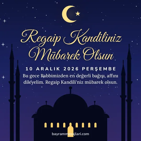 "Regaip Kandiliniz Mübarek Olsun" yazılı resimli kandil mesajı, gece aydınlık pencereli cami ve hilal: Bu gece Rabbimizden en değerli bağışı, affını dileyelim. Regaip Kandili'niz mübarek olsun.