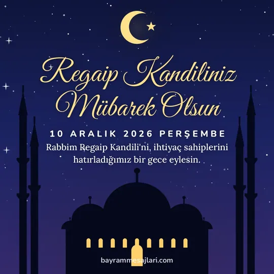"Regaip Kandiliniz Mübarek Olsun" yazılı resimli kandil mesajı, gece aydınlık pencereli cami ve hilal: Rabbim Regaip Kandili'ni, ihtiyaç sahiplerini hatırladığımız bir gece eylesin.