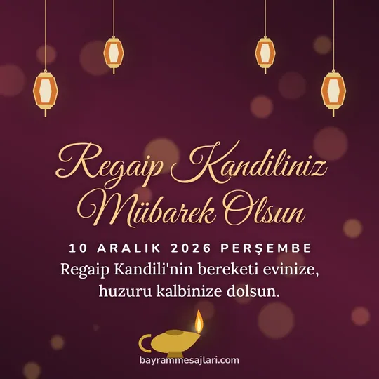 "Regaip Kandiliniz Mübarek Olsun" yazılı resimli kandil mesajı, bordo zeminde fenerler ve kandil: Regaip Kandili'nin bereketi evinize, huzuru kalbinize dolsun.