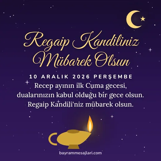 "Regaip Kandiliniz Mübarek Olsun" yazılı resimli kandil mesajı, yıldızlı gecede yanan kandil ve hilal: Recep ayının ilk Cuma gecesi, dualarınızın kabul olduğu bir gece olsun. Regaip Kandili'niz…