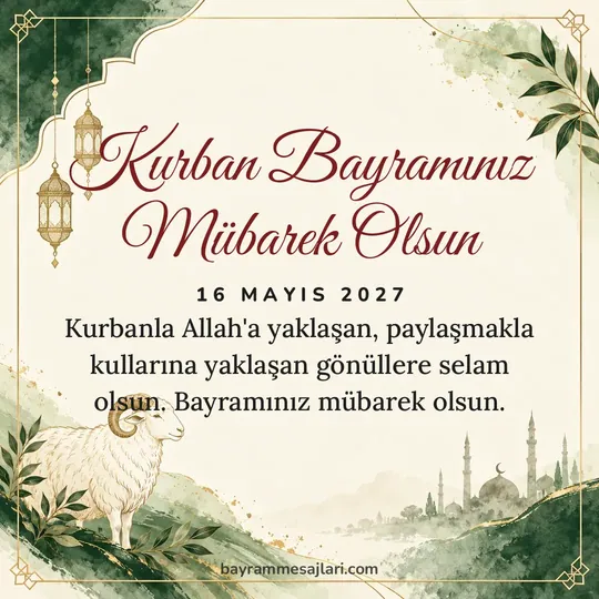 "Kurban Bayramınız Mübarek Olsun" yazılı resimli Kurban Bayramı mesajı, kuzu, krem arka planı: Kurbanla Allah'a yaklaşan, paylaşmakla kullarına yaklaşan gönüllere selam olsun. Bayramınız…