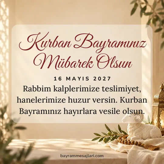 "Kurban Bayramınız Mübarek Olsun" yazılı resimli Kurban Bayramı mesajı, kuzu, turuncu arka planı: Rabbim kalplerimize teslimiyet, hanelerimize huzur versin. Kurban Bayramınız hayırlara…