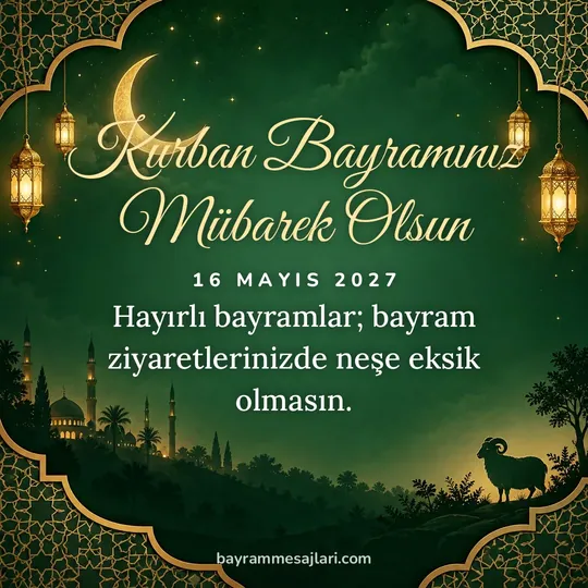 "Kurban Bayramınız Mübarek Olsun" yazılı resimli Kurban Bayramı mesajı, kuzu, yeşil arka planı: Hayırlı bayramlar; bayram ziyaretlerinizde neşe eksik olmasın.