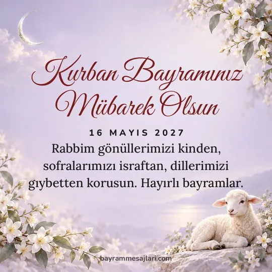 "Kurban Bayramınız Mübarek Olsun" yazılı resimli Kurban Bayramı mesajı, lila yasemin, kuzu arka planı: Rabbim gönüllerimizi kinden, sofralarımızı israftan, dillerimizi gıybetten korusun. Hayırlı…
