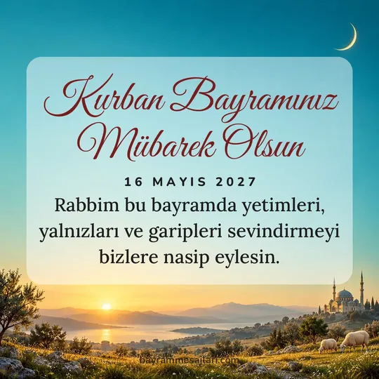 "Kurban Bayramınız Mübarek Olsun" yazılı resimli Kurban Bayramı mesajı, turkuaz, şafak, altın, hilal arka planı: Rabbim bu bayramda yetimleri, yalnızları ve garipleri sevindirmeyi bizlere nasip eylesin.