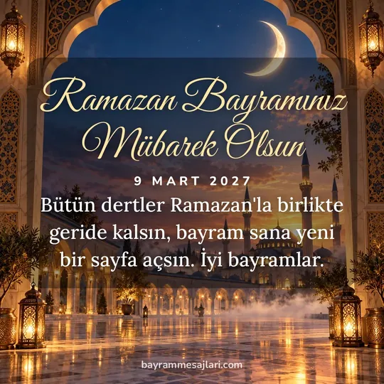 "Ramazan Bayramınız Mübarek Olsun" yazılı resimli Ramazan Bayramı mesajı, hilal ve cami, kırmızı arka planı: Bütün dertler Ramazan'la birlikte geride kalsın, bayram sana yeni bir sayfa açsın. İyi…